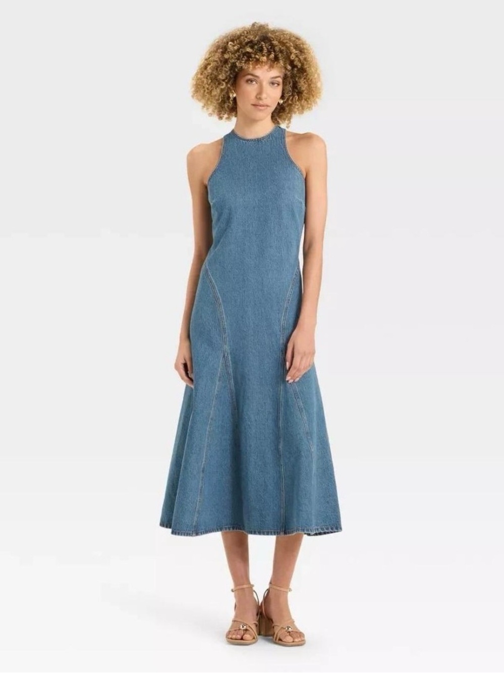 Sleeveless Denim Midi Dress in Blue